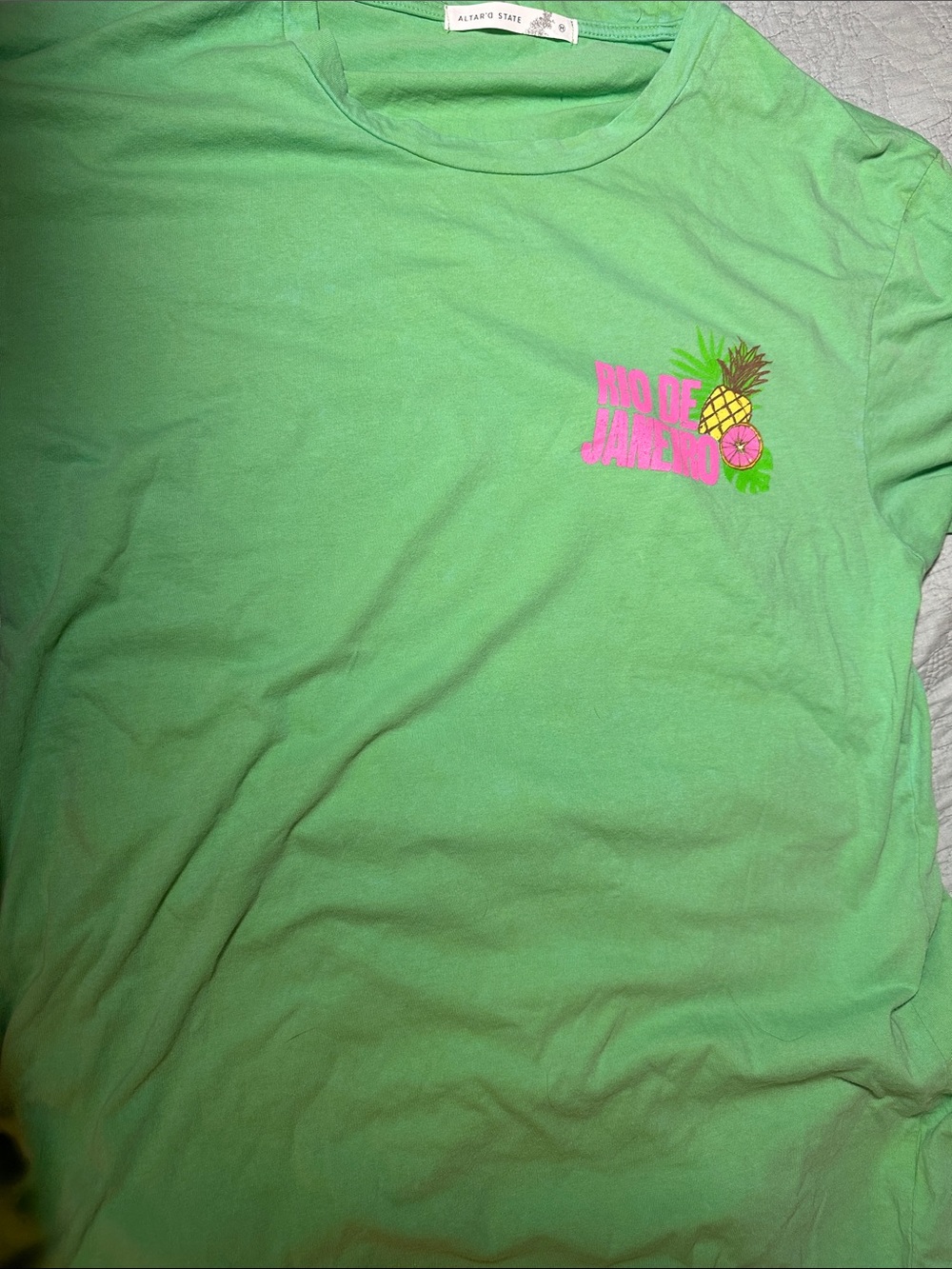 Altar'd State Lime Green Tee with Pink & Yellow Pineapple Accent